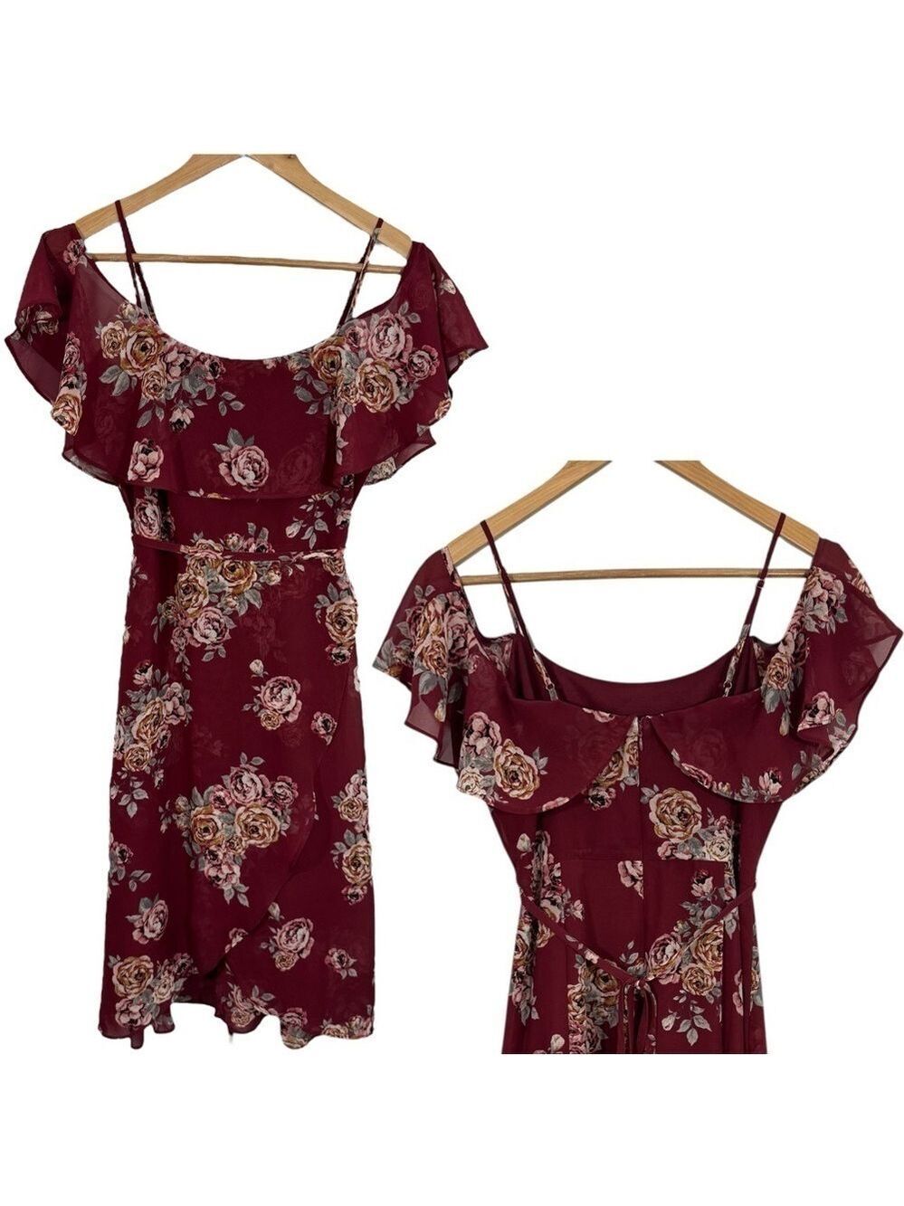 Le Chateau Burgundy Floral Off Shoulder Dress Sz S Ruffle Overlay Romantic Midi